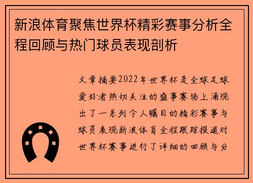 新浪体育聚焦世界杯精彩赛事分析全程回顾与热门球员表现剖析